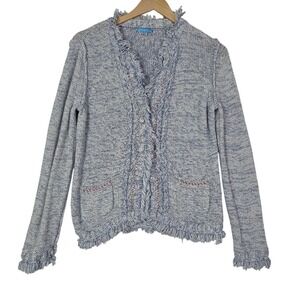 J McLaughlin Womens Cardigan Size Medium Blue White Fringe Trim Knit Sweater